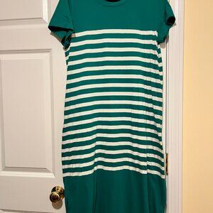J Crew Green White Striped Cotton Midi Dress side slits